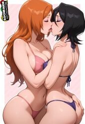 2girls ai_generated black_hair bleach height_difference inoue_orihime kissing kuchiki_rukia orange_hair sochraide yuri