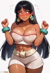 abs ai_generated bangs bare_shoulders black_hair blunt_bangs blush bracelet breasts brown_eyes chel chel_(the_road_to_el_dorado) cleavage closed_mouth collarbone cowboy_shot crop_top dark-skinned_female dark_skin earrings female flying_sweatdrops hands_up high_resolution highres jewelry large_breasts long_hair midriff navel see-through shiny_skin shorts simple_background solo stable_diffusion strapless sweat tan toned tube_top waifuscans418 wavy_mouth white_background wide_hips