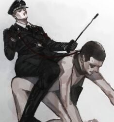 all_fours black_uniform clothed_male_nude_male collar collared crawling gay leash light-skinned_male light_skin male male/male male_focus male_only master/pet naked naked_male nazi sitting sitting_on_person uniform waffen-ss yaoi