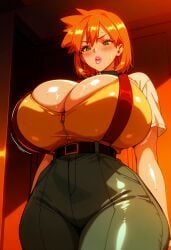 1girls aged_up ai_generated big_breasts bimbo blush breasts_bigger_than_head female gigantic_breasts green_eyes huge_ass huge_breasts kasumi_(pokemon) kasumi_(pokemon) lipstick lustful_gaze massive_breasts orange_hair pinwheeler pokemon pokemon_rgby seductive seductive_look short_hair sweat thick_thighs wide_hips