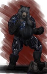 1boy anthro balls barrel bear breaking_glass male male_only mammal mechanical_arm mechanical_leg penis rwolf slightly_chubby solo