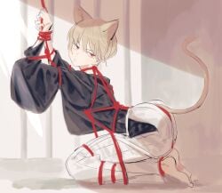 arched_back barefoot bondage bound bound_wrists brown_hair cat_ears cat_tail catboy frown full_body fully_clothed gintama hakama japanese_clothes kemonomimi kimono kneeling light_brown_hair male male_only nmnmmmnnm okita_sougo red_eyes restrained rope rope_bondage solo twink