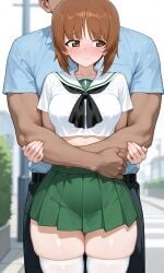 ai_generated arms_around_partner blush brown_hair crop_top dark-skinned_male face_blush girls_und_panzer green_skirt nishizumi_miho ooarai_school_uniform pixai reupload school_uniform self_upload serafuku size_difference tagme taller_male thick_thighs thighhighs