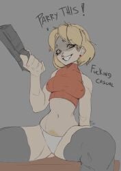 ashley_graham ashley_graham_(brooke_elizabeth_mathieson) blonde_hair blonde_pubic_hair bush caucasian colored crazy_eyes crop_top female_only holding_weapon nipples_visible_through_clothing resident_evil resident_evil_4 sitting smiling solo_female thick_thighs thighhighs thighs trash_talk white_panties