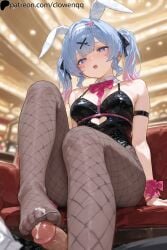 1boy 1boy1girl 1girls ai_generated bangs blue_eyes blue_hair blush bunny_ears bunny_girl bunnysuit clowenqq cum feet feet_on_penis female female_focus fishnets foot_fetish footjob footwear from_below hair_ornament hair_ribbon hatsune_miku heart-shaped_pupils hi_res legs looking_down multicolored_hair open_mouth pantyhose penis rabbit_hole_(deco*27/caststation) rabbit_hole_(vocaloid) ribbon sitting thick_thighs thighs toes twintails two_tone_hair uncensored x_hair_ornament