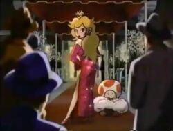 1990s_(style) 1993 4boys alternate_costume animated bare_legs blinking blonde_hair blowing_kiss camera crown dress elbow_gloves evening_gown female fur_trim gloves hat high_heels jewelry legs long_hair lots_of_jewelry mario_(series) mini_crown multiple_boys necklace nintendo official_art one_eye_closed photographer princess princess_peach red_carpet red_dress retro_artstyle sequins shoes side_slit super_mario_all_stars super_mario_bros super_mario_bros._1 super_mario_bros._2 super_mario_bros._3 tagme toad_(mario) video wink