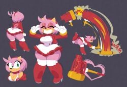 1girl amy_rose big_breasts boots captainmolasses elphelt_valentine_(cosplay) fan_design female gold_rings hammer heart hedgehog pink_fur red_clothing sonic_(series) sonic_the_hedgehog_(series) thick_thighs wide_hips