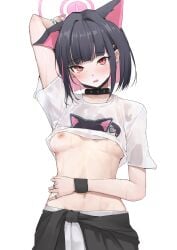 1girls absurd_res absurdres animal_ear_fluff animal_ears areolae arm_above_head arm_up armpits bare_arms bare_belly bare_breasts bare_hands bare_hips bare_legs bare_midriff bare_navel bare_nipples bare_skin bare_thighs belly belly_button black_choker black_hair black_hair_female blue_archive bob_cut breasts cat_ears choker cleavage cleft_of_venus collarbone dot_nose ear_piercing elbows embarrassed embarrassed_female embarrassed_nude_female female female_focus female_only fingernails fingers groin hairpin half_naked halo hand_above_head hand_on_belly hand_on_own_belly hand_on_own_stomach hand_on_own_waist hand_on_stomach hand_on_waist hand_up head_tilt high_resolution highres hourglass_figure kazusa_(band)_(blue_archive) kazusa_(blue_archive) legs light-skinned_female light_skin looking_at_viewer mitsuru_(pixiv_34028718) naked naked_female navel nipples nude nude_female open_mouth panties parted_lips petite petite_body petite_breasts petite_female petite_girl pink_hair pink_hair_female pink_halo pussy red_eyes red_eyes_female shirt short_hair shoulders simple_background slender_body slender_waist slim_girl slim_waist small_breasts solo standing sweat sweatdrop sweating sweaty sweaty_arms sweaty_belly sweaty_body sweaty_breasts sweaty_face sweaty_thighs thick_thighs thighs thin_waist tilted_head topwear uncensored_breasts uncensored_nipples underboob underwear upper_body v-line white_background white_panties white_shirt white_topwear white_underwear wide_hips wrist_band