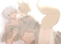 2boys ass brown_hair bubble_butt fox_boy fox_ears fox_tail gay gintama gintoki_sakata hakama horns japanese_clothes kemonomimi kimono kitsune light_brown_hair male male_only nmnmmmnnm no_underwear okita_sougo oni oni_horns tail twink white_hair yaoi youkai