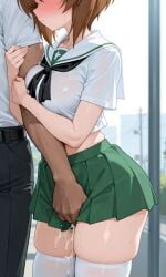 1boy ai_generated blush brown_hair clinging crop_top cum_drip dark-skinned_male face_blush female girls_und_panzer green_skirt head_out_of_frame nishizumi_miho ooarai_school_uniform pixai public_indecency school_uniform self_upload serafuku size_difference tagme taller_male thick_thighs thighhighs walking