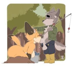 1:1 anthro ass bait_fox_(webfishing) bodily_fluids breasts canid canine canis closed_eyes clothed clothing dogeink dripping duo erection fellatio female fish forest forest_background fox genitals hand_on_head hi_res humanoid_genitalia humanoid_penis ivan_volkanov male male/female mammal marine nature nature_background nude oral partially_clothed penile penis plant saliva saliva_drip sex tree webfishing wolf