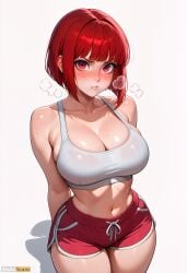 :t ai_generated arima_kana arms_behind_back bangs bare_shoulders blunt_bangs blush bob_cut breasts cleavage collarbone cowboy_shot dolphin_shorts female high_resolution highres large_breasts looking_at_viewer midriff navel oshi_no_ko pout red_eyes red_hair red_shorts shiny_skin short_hair short_shorts shorts simple_background solo sports_bra stable_diffusion sweat thighs waifuscans418 white_background