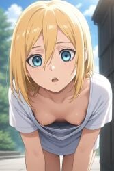 ai_generated attack_on_titan boobs_out breast_slip christa_lenz clothed clothed_female flat_chest historia_reiss looking_at_viewer nipple_slip petite petite_body petite_female pov shingeki_no_kyojin small_breasts wardrobe_malfunction