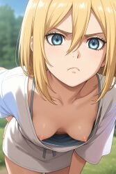 ai_generated attack_on_titan boobs_out breast_slip christa_lenz clothed clothed_female flat_chest historia_reiss looking_at_viewer nipple_slip petite petite_body petite_female pov shingeki_no_kyojin small_breasts wardrobe_malfunction