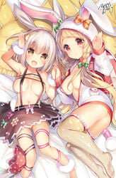 2girls animal_ears ass backpack bag bed_sheet blonde_hair blush breasts breasts_apart brown_eyes brown_legwear bunny_ears crescent flower_knight_girl hand_holding hood hoodie large_breasts long_hair looking_at_viewer lying multiple_girls navel on_back open_mouth petite pillow pouch print_legwear randoseru red_eyes ribbon short_hair signature silver_hair skirt smile sorimura_youji star star_print susuki_(flower_knight_girl) thighhighs tied_hair twintails unzipped usagi_no_ou_(flower_knight_girl)