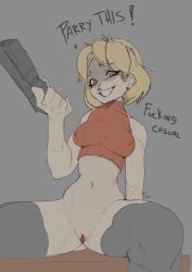 ashley_graham ashley_graham_(brooke_elizabeth_mathieson) blonde_hair bottomless caucasian colored crazy_eyes crop_top female_only holding_weapon nipples_visible_through_clothing pussy resident_evil resident_evil_4 sitting smiling solo_female thick_thighs thighhighs thighs trash_talk