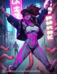 ai_generated akali akali_neon anal anal_sex ass blue_eyes clothing cum_in_ass cum_inside dripping fit_female k/da_akali k/da_series league_of_legends looking_at_viewer overflow pink_hair riot_games seductive stage sultralis tentacle tongue