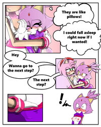 ! 2girls amy_rose anthro blaze_the_cat blush breast_grab breasts comic dialogue duo english_text feline female female_only fur furry gloves green_eyes hand_on_breast hedgehog mammal mario_and_sonic_at_the_olympic_games navel nipples part_of_a_set pink_fur pink_hair purple_fur raised_shirt sandunky sega simple_background sonic_(series) sonic_the_hedgehog_(series) sports_uniform sportswear tagme text white_background yellow_eyes yuri