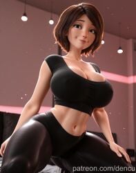 ai ai_generated aunt_cass big_hero_6 black_leggings black_pants black_shirt breasts brown_hair cleavage collarbone crop_top dencu disney female generated indoors kneeling large_breasts leggings lips looking_at_viewer marvel midriff navel pants shirt short_hair short_sleeves smile solo stomach sweat thighs tight_clothes uncensored yoga_pants