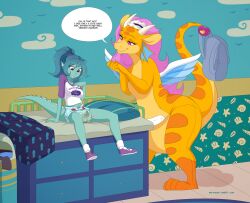 backpack changing_table dialogue diaper dragon embarrassed english_text infantilism looking_down merfolk merunyaa pacifier peeing peeing_diaper pouch_(anatomy) suprised wearing_diaper wet_diaper wetting_diaper