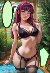 1girls ai_generated ass beautiful black_hair indoors naughty_face petite plants pool smile violet_eyes