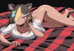 1girls ass bear_ears bear_girl bed bedroom_eyes black_hair bone_hair_ornament bottomless charlotte_(charlottexbear) charlottexbear dark-skin dark_skinned_female indie_virtual_youtuber kemonomimi on_bed on_side seductive seductive_look seductive_smile shiny_skin solo thick_thighs virtual_youtuber yev-san