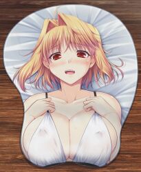 1girls ahoge alternate_costume arcueid_brunestud bikini blonde_hair blush breast_focus breasts breasts_bigger_than_head cleavage enormous_breasts facing_viewer female flustered hair_intakes hands_on_own_chest huge_breasts large_breasts mousepad open_mouth red_eyes short_hair solo swimsuit top_heavy tsukihime white_bikini