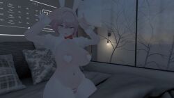 bed bedroom bunnysuit collar effectively_nude hand_gesture hand_sign horny horny_female light-skinned_female light_skin looking_at_viewer nipple_pasties on_knees pasties pink_hair pussy_pasty red_bow red_bowtie reverse_bunnysuit shortstack solo solo_female solo_focus turquoise_eyes vrcfemboy vrchat vrchat_avatar