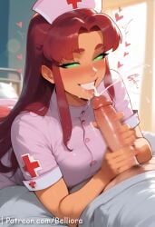 1boy 1girls ai_generated anus back_view belliora boobjob cartoon_network closed_mouth cumming dc dc_comics dick_grayson english_text female female_focus female_on_cloth focus green_eyes green_sclera heart heart_symbol hi_res horny_female huge_ass indoors koriand'r looking_at_viewer low-angle_view partial_male penetration penis pussy_juice red_hair robin_(dc) sex starfire tanned_female tanned_skin teen_titans text uncensored veiny_penis watermark