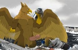 abs anthro avian balls beak biceps bridge brown_body brown_fur building building_destruction carpo claws destruction detailed_background erection extreme_size_difference feathered_wings feathers finger_claws fingers fur genitals gryphon hi_res humanoid_genitalia humanoid_penis krofty macro macro_anthro male muscular muscular_anthro muscular_male mythological_avian mythological_creature mythology nude open_mouth outside pecs penile penis sea ship size_difference sky smile solo tail vehicle vehicle_destruction water watercraft wings