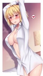 :d antenna_hair arcueid_brunestud arms_up blonde_hair blush border breasts cleavage collarbone collared_shirt commentary_request cowboy_shot dress_shirt female hair_between_eyes hair_intakes heart highres jewelry large_breasts long_sleeves naked_shirt necklace open_clothes open_mouth open_shirt outside_border red_eyes shirt short_hair smile solo soukitsu speech_bubble spoken_heart standing tsukihime twitter_username white_border white_shirt wing_collar