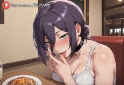 ai_generated bare_shoulders black_choker black_hair blush breasts chainsaw_man choker cleavage collar collarbone cup drinking_glass female food glass green_eyes hair_between_eyes hair_bun indoors large_breasts licking looking_at_viewer medium_breasts open_mouth patreon_logo patreon_username purple_hair restaurant reze_(chainsaw_man) saliva short_hair single_hair_bun sitting smile solo table tank_top tongue tongue_out upper_body white_tank_top wumpart