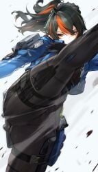 1girls big_ass black_gloves black_hair blue_jacket female female_only gloves goomrrat hairband high-waist_pants high_kick highres jacket kicking knee_up leg_up looking_at_viewer medium_hair metal_hairband multicolored_hair pants police police_uniform policewoman ponytail red_eyes red_hair serious solo streaked_hair tight_clothes tight_pants white_background zenless_zone_zero zhu_yuan