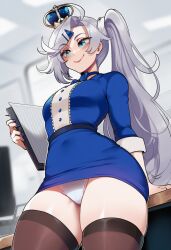 1girls ai_generated blue_eyes bowtie crown curvy female indie_virtual_youtuber indoors looking_at_viewer medium_breasts naticai obake_pam office office_lady panties pantyshot pencil_skirt playasia ponytail solo thick_thighs upskirt virtual_youtuber white_hair white_panties