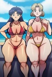 ai_assisted ai_generated akagi_ritsuko beach_background bikini blonde_hair brown_eyes female female_focus female_only green_eyes katsuragi_misato light-skinned_female misato_katsuragi neon_genesis_evangelion neopn_genesis_evangelion posed posing purple_hair ritsuko_akagi seasonedcum simple_background swimsuit thick_thighs thighs_bigger_than_head waist_grab water white_skin wide_hips woman_only