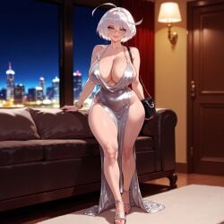 1girls ahoge ai_generated alternate_costume aqua_eyes backless_dress backless_outfit bag balecxi bangs bare_legs bare_shoulders blue_eyes blurry_background bracelet breasts cityscape cleavage clothing cocktail_dress collarbone couch curvaceous curvaceous_female curvaceous_figure curvy curvy_figure door dress earrings elphelt_valentine evening_gown feet female female_focus female_only footwear full_body grey_dress grin guilty_gear_strive hair_between_eyes half-closed_eyes halter_dress halterneck handbag high_heels huge_ahoge huge_breasts indoors inviting inviting_to_sex jewelry lamp large_breasts legs lips looking_at_viewer makeup nail_polish naughty_face night night_sky no_bra no_panties official_alternate_costume on_couch parted_lips pelvic_curtain plunging_neckline presenting presenting_ass presenting_breasts presenting_hindquarters presenting_self revealing_clothes sandals seductive seductive_look seductive_smile shoes short_hair shoulder_bag side_slit sideboob silver_dress sky smile solo st._louis_(luxurious_wheels)_(azur_lane) st._louis_(luxurious_wheels)_(azur_lane)_(cosplay) standing strappy_heels thick_thighs thighs toeless_footwear toenail_polish toenails toes voluptuous voluptuous_female white_dress white_hair wide_hips window