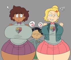 ! 3girls ? amphibia angry anne_boonchuy asian ass big_breasts breasts busty clothed curvy disney disney_channel grey_background kira_not_l marcy_wu peach_(fruit) sasha_waybright shirt simple_background skirt standing surprised thick_thighs thighs yuri