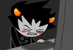 1boy accurate_art_style animated animated_gif artist_request biting_lip blush clenched_teeth clothed clothing dark_hair grey_body hair homestuck homestuck_troll horn horns jerking jerkingoff karkat_vantas male masturbation one_eye_closed solo_male tagme tagme_(artist) unknown_artist watching_porn yellow_sclera