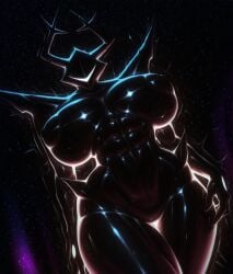 abs ai_generated antlers armor armored_female big_breasts black_body deltarune deltarune_chapter_3 deltarune_chapter_4 female helmet huge_breasts huge_nipples large_areolae outline pauldrons roaring_knight shiny solo stigmata thick_thighs thigh_gap undertale_(series) visor wide_hips wrongnumberai