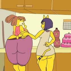 2girls animal_crossing animated ankha ankha_(animal_crossing) anthro ass ass_grab background canine canine_humanoid catgirl caught clothed doggirl fat fat_ass feline feline_humanoid female female_only fondling isabelle_(animal_crossing) longer_than_10_seconds looking_at_viewer partially_clothed shorter_than_20_seconds sound standing sussy_baka sweat tagme video wide_hips yuri