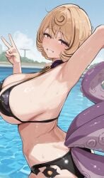 1girls alternate_costume arm_behind_head armpits bare_shoulders blonde_hair blush breasts female huge_breasts looking_at_viewer presenting_armpit purple_eyes short_hair sideboob smile solo tentacle tentacle_girl tentacle_tail yidhari_murphy zenless_zone_zero
