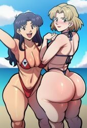 ai_assisted ai_generated akagi_ritsuko beach_background big_ass bikini blonde_hair brown_eyes female female_focus female_only green_eyes katsuragi_misato light-skinned_female misato_katsuragi neon_genesis_evangelion neopn_genesis_evangelion purple_hair ritsuko_akagi round_butt seasonedcum simple_background swimsuit water white_skin wide_hips woman_only