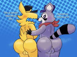 a_hat_in_time anonymous_artist anthro ass avian balls big_butt bird blush blush_lines bodily_fluids clothing conductor_hat dialogue duo genitals hat headgear headwear hi_res indigo_park kerchief male male/male mammal musk musk_cloud musky_balls musky_butt neckerchief neckwear owl presenting presenting_hindquarters procyonid raccoon rambley_raccoon sweat sweaty_balls sweaty_butt sweaty_genitalia sweaty_legs the_conductor_(ahit)