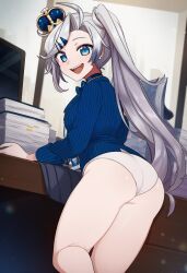 1girls ai_generated ass blue_eyes bowtie crown curvy female indie_virtual_youtuber indoors looking_at_viewer medium_breasts naticai obake_pam office office_lady panties playasia ponytail solo thick_thighs virtual_youtuber white_hair white_panties