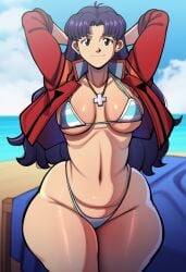 ai_assisted ai_generated beach big_breasts bikini brown_eyes female female_focus female_only katsuragi_misato light-skinned_female misato_katsuragi necklace necklace_between_breasts neon_genesis_evangelion neopn_genesis_evangelion ocean purple_hair sand seaside seasonedcum simple_background striped_bikini