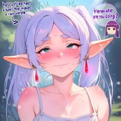 1girls 2girls ahe_gao ai_generated arrow bare_shoulders blush bodily_fluids close-up collarbone color discreet_vibrator earrings elf elf_ears elf_female english_text eyelashes eyes_rolling_back face_closeup facing_viewer fantasy female female_focus female_masturbation female_only female_orgasm fern_(sousou_no_frieren) frieren frieren_beyond_journey's_end front_view green_eyes half-closed_eyes hi_res highres implied_vibrator izacru0 long_hair magic motion_lines orgasm orgasm_face outdoors outside pleasure_face pleasured pleasured_female pointy_ears purple_hair question_mark raised_eyebrows small_breasts solo solo_focus sousou_no_frieren speech_bubble spell standing straight_hair sweat sweatdrop talking talking_to_another tears tears_in_eyes tears_of_pleasure text thick_eyebrows trembling trying_not_to_cum trying_to_be_quiet trying_to_resist twintails two_side_up upper_body very_high_resolution wavy_mouth white_hair