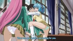 1boy 2girls akashiya_moka anime_screenshot aono_tsukune ass blue_hair breasts brown_hair chair cowgirl_position curtains demon_girl embarrassed from_behind fukuen_misato green_panties hug kurono_kurumu large_breasts mizuki_nana multiple_girls non-web_source panties pink_hair rosario+vampire school_uniform subtitled table underwear white_panties window