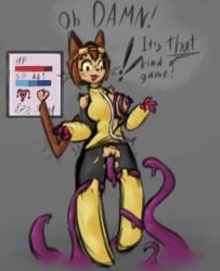 alexleviafan anthro blush bodily_fluids breasts brown_body brown_fur brown_hair clothing digital_media_(artwork) domestic_cat english_text eyewear felid feline felis female female_penetrated fur gameoverse gameplay_mechanics genital_fluids genitals glitch_productions goggles gui hair health_bar kit_(gameoverse) mammal open_mouth penetration robotic_arm sex shake_lines simple_background solo surprised tail tentacle tentacle_penetration tentacle_sex text torn_clothing vaginal_penetration vulva wardrobe_malfunction whiskers