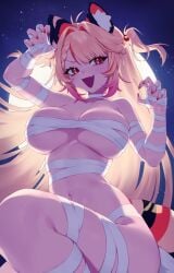 1girls animal_ears arms_up backlighting big_breasts blonde_hair breasts cat_ears cleavage curvy ebiko_(vtuber) female full_moon highres hip_focus huge_breasts indie_virtual_youtuber large_breasts legs long_hair massive_breasts moon multicolored_hair mummy_costume navel night ohwasuy open_mouth orange_eyes orange_hair short_twintails shrimp_tail skin_fang star_(sky) streaked_hair thick thighs twintails underboob virtual_youtuber vtuber