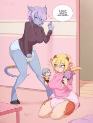 blonde_hair blue_skin dialogue diaper draenei embarrassed holding_sweater judging looking_at_another merunyaa peeing pink_hair pink_sweater playroom wearing_diaper wet_diaper